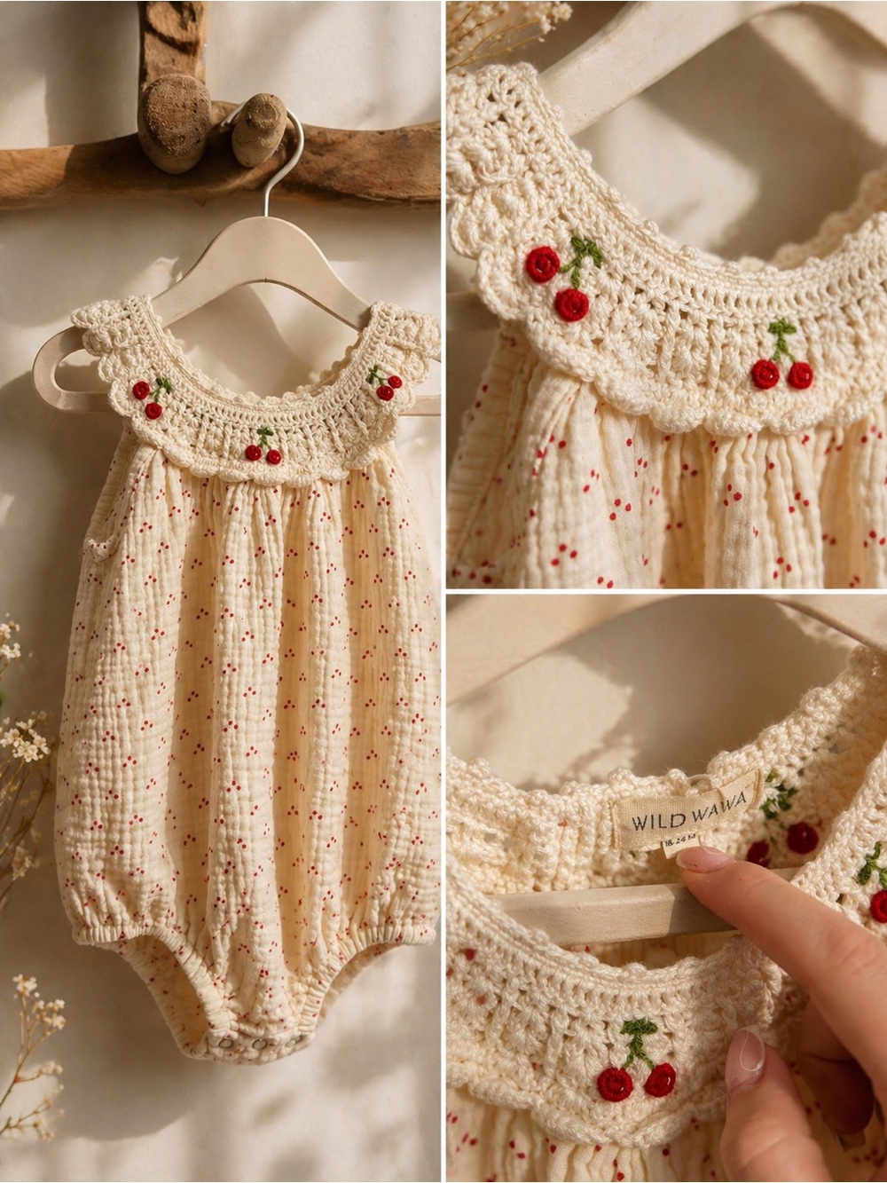 Wild Wawa Cream Cherry Crochet-Trim Baby bubble